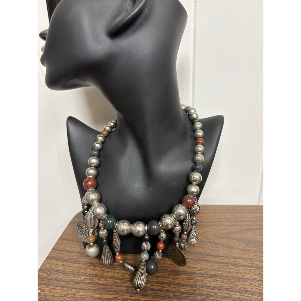 Boho Tribal Silver Tone Bib Necklace Fringe Charms Mixed Stone Beads